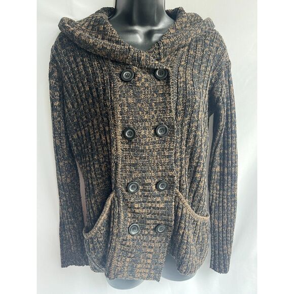 Effeci Y2K Brown Knit Sweater Double Breasted Cardigan Hooded M Retro Vintage - Picture 1 of 11